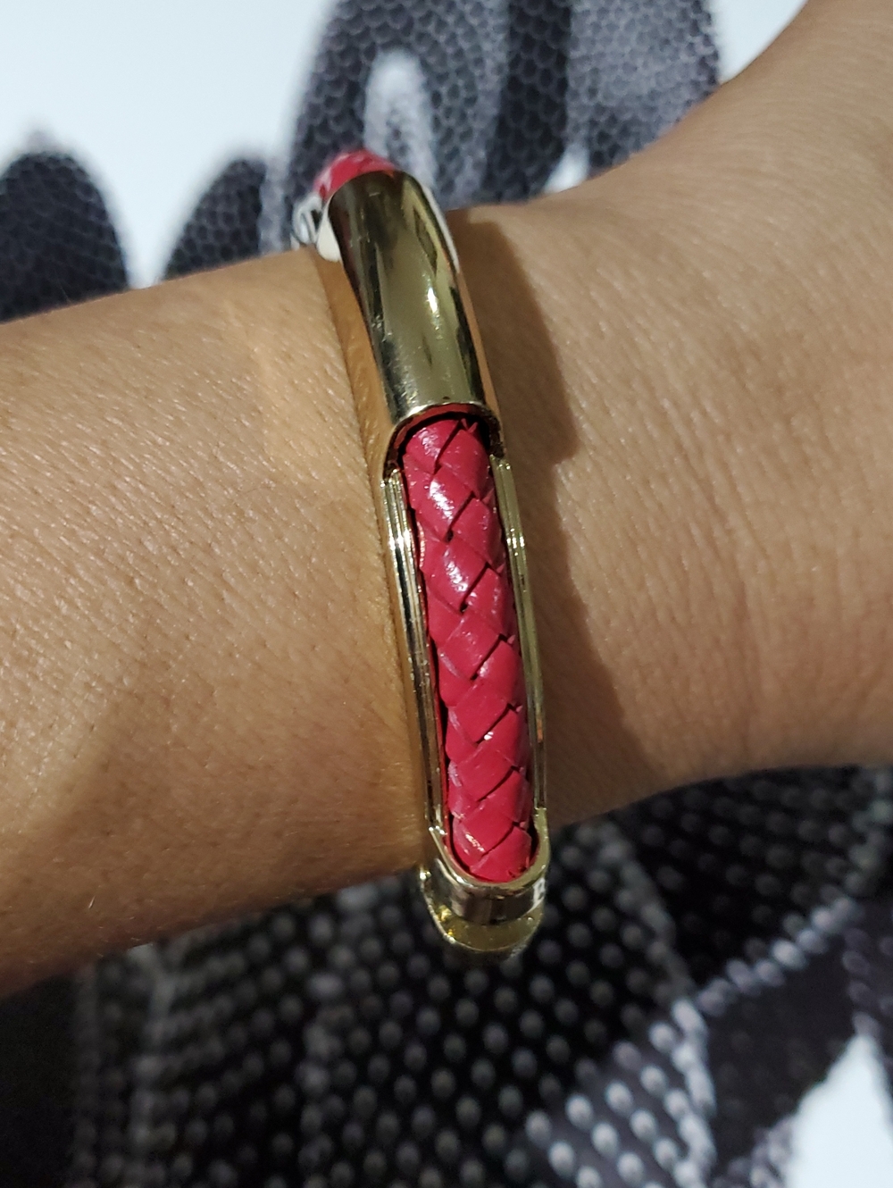 Vintage Gold Cuff Bracelet  Braided Leather Pink Inset Chic Classic Streetwear